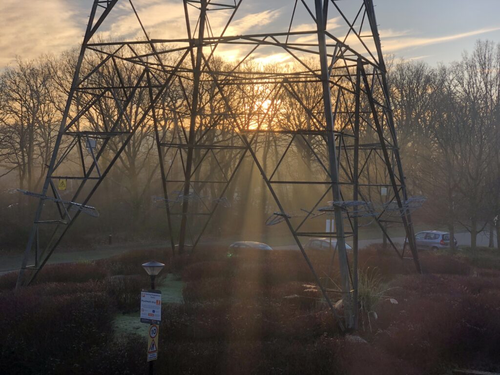 On a small patch of semi-landscaped shrubbery in the middle of a car park is the base of a large electricity pylon. A rising sun casts glory rays towards the observer, streaming down through the metal struts