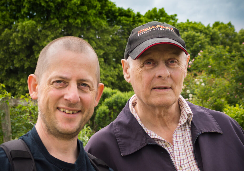 Me with Dad in 2013. He's wearing a Megafobia rollercoaster baseball hat and sporting his Anthony Hopkins look.